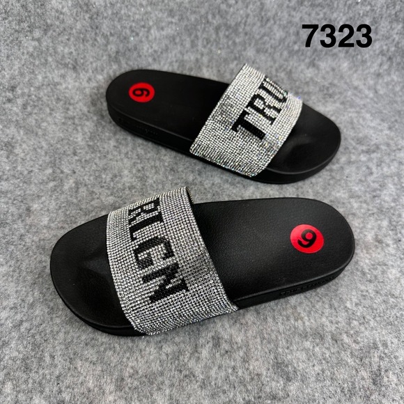 True Religion Shoes - True Religion Meyer Pool Slides Womens Black Logo Sandals Slip On Size 6
